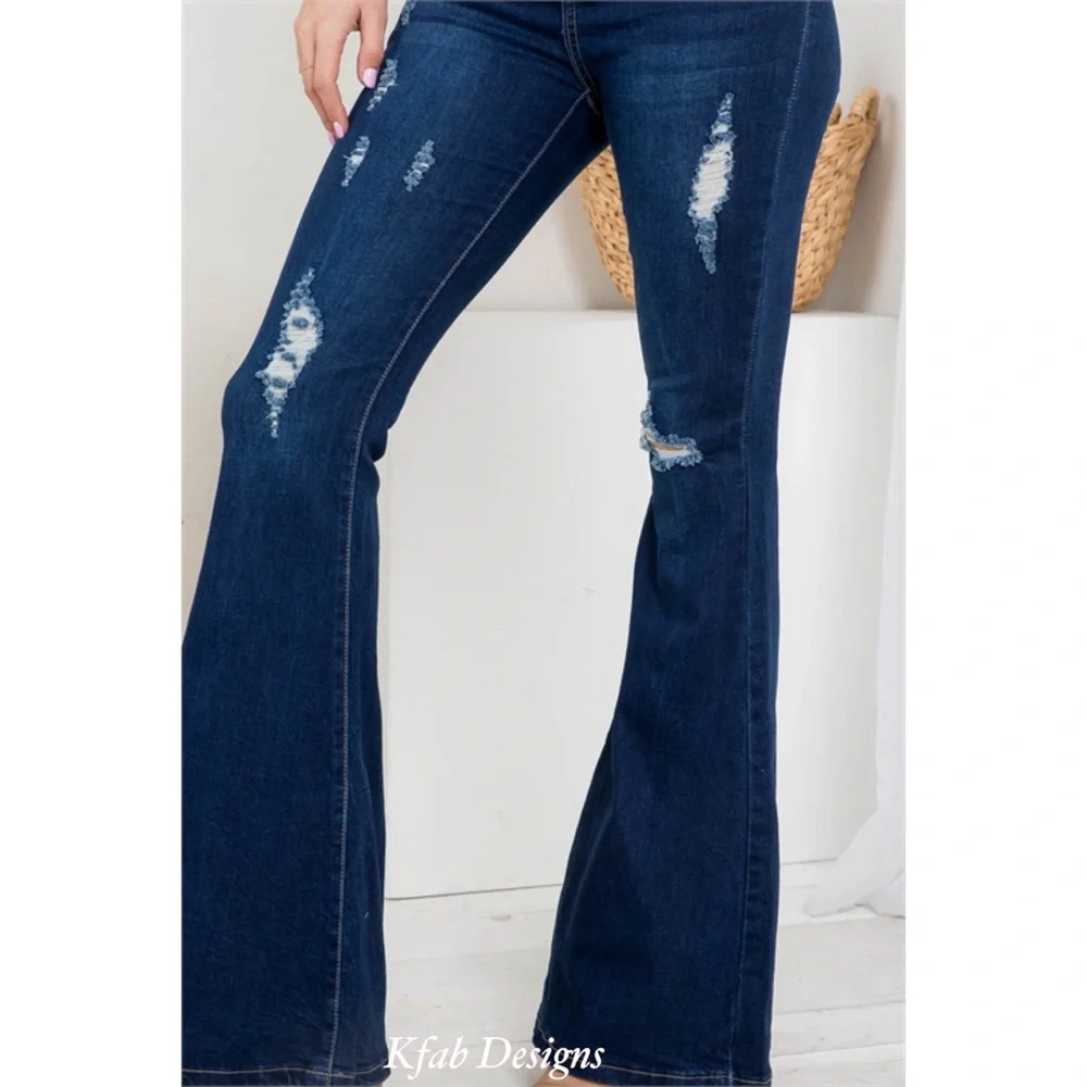 ❤️LAST 3! High Waist Dark Denim Distressed Flare Jeans! - Picture 7 of 7